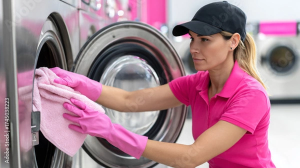 Fototapeta Female worker in pink uniform and gloves is removing a towel from a washing machine in a bright laundromat, showcasing the laundry process and cleanliness