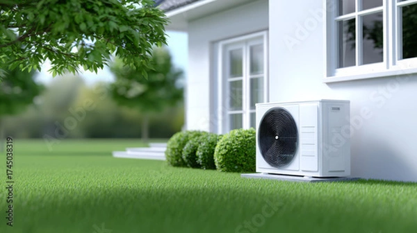 Fototapeta Air conditioning unit installed outside a modern home, surrounded by lush green grass and neatly trimmed bushes, showcasing energy-efficient cooling technology in a residential setting