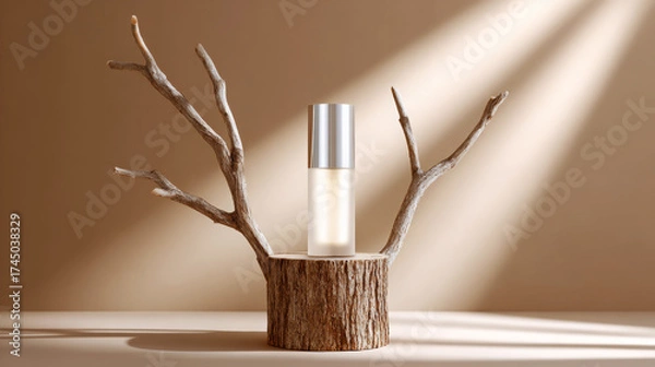 Fototapeta Elegant skincare bottle displayed on a rustic wooden stump with branches, illuminated by soft light, creating a serene and natural ambiance for beauty products