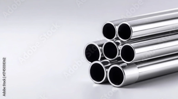 Fototapeta Metallic pipes stacked in a geometric arrangement, showcasing smooth surfaces and reflective qualities, ideal for industrial design and construction applications