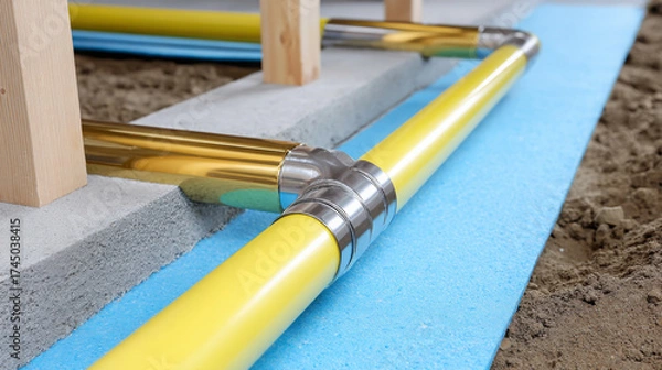 Fototapeta Yellow pipeline with metal fittings is installed on a construction site, resting on blue insulation material, showcasing modern plumbing infrastructure and construction techniques