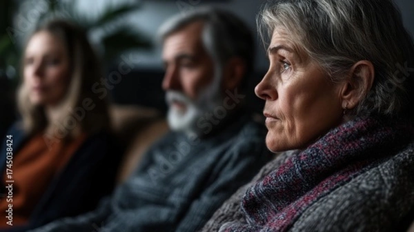 Fototapeta Family Unity and Reflection: An elderly woman sits with family, her gaze filled with thought. This photo showcases the bonds of kinship and shared introspection.