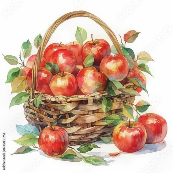 Fototapeta Harvest Bounty: A charming watercolor illustration of a woven basket overflowing with ripe, red apples, nestled amongst vibrant green leaves, capturing the essence of autumn.