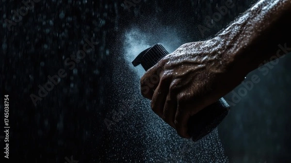 Fototapeta Spraying Action: A close-up shot of a hand gripping a spray bottle, releasing a fine mist of refreshing spray. The strong veins of the person add a sense of effort.