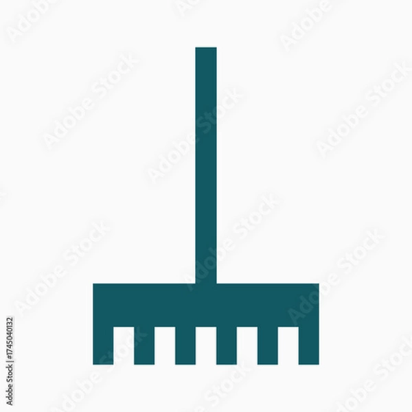 Obraz A blue and white image of a rake. The rake is shown in a vertical position with a green handle. Vector Illustration