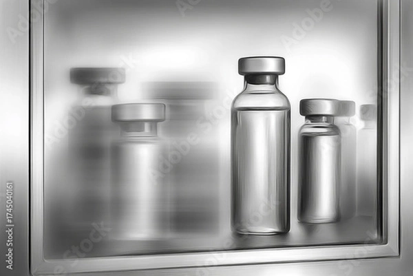 Fototapeta The vials appear to hold medical fluid, behind frosted glass.