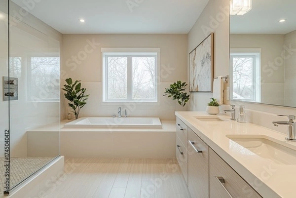 Fototapeta Serene Bathroom Oasis: A spacious and well-lit bathroom with a modern aesthetic, showcasing clean lines, a luxurious bathtub, and an atmosphere of tranquility.