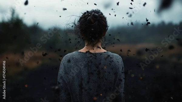 Fototapeta Embracing the Elements: A solitary figure, silhouetted against a moody, overcast landscape, is enveloped by swirling debris, conveying a sense of both vulnerability and resilience. 