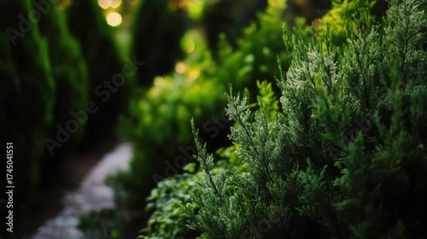 Fototapeta Evergreen Green: A picturesque scene of vibrant, lush evergreens bathed in the warm glow of the sun, creating a mesmerizing display of textures and shades of green.