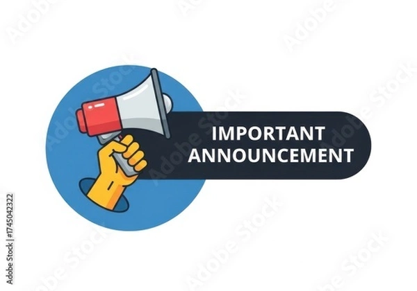 Fototapeta Hand holding a megaphone with text important announcement isolated on white background