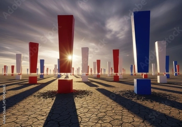 Fototapeta A field of red, white, and blue exclamation points under a dramatic sky