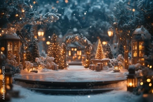 Fototapeta Enchanting Winter Wonderland: A scene of serenity unfolds in a snow-covered landscape, with a festive Christmas tree, illuminated by the soft glow of lanterns and festive lights.