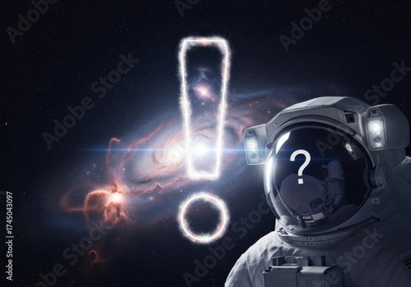 Fototapeta Astronaut in space with a glowing exclamation mark and question mark on helmet