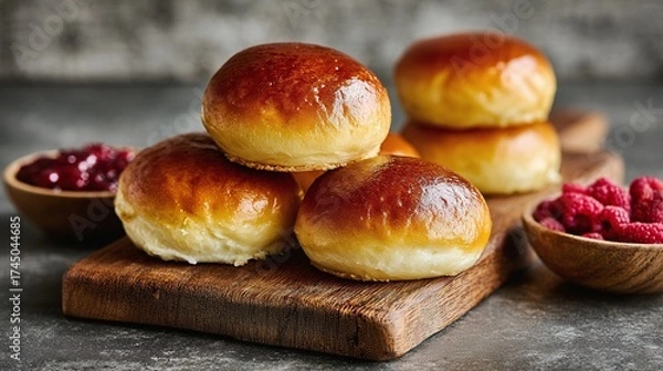 Fototapeta Golden baked buns on a wooden board, alongside wooden bowls filled with raspberry jam and fresh raspberries against a mottled gray background.