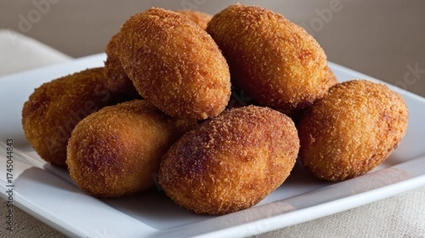 Fototapeta Golden brown, deep fried snacks on a white plate. Savory treat with a crispy outer layer and a soft, delicious filling. Yum!