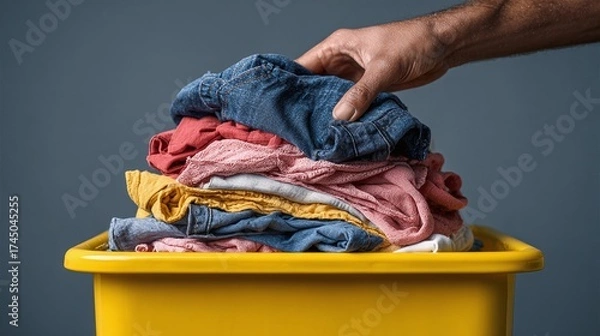 Fototapeta Overflowing with fresh Laundry: A pile of vibrant clothes, fresh from the machine, waiting to be sorted in a yellow bin. Home chores concept.