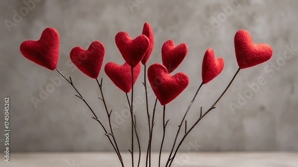 Fototapeta Heartfelt Bouquet: A whimsical arrangement of red felt hearts perched atop delicate twigs, creating a charming Valentine's Day or love-themed decoration.