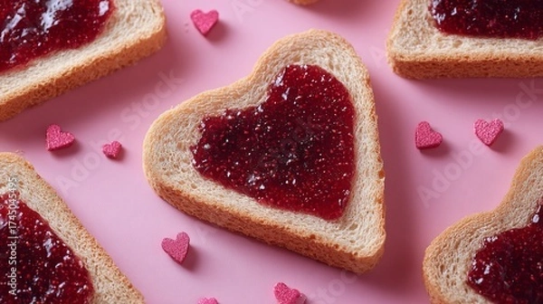 Fototapeta Heart-shaped toast with red jam, surrounded by small pink heart decorations, perfect for a sweet and lovely occasion.