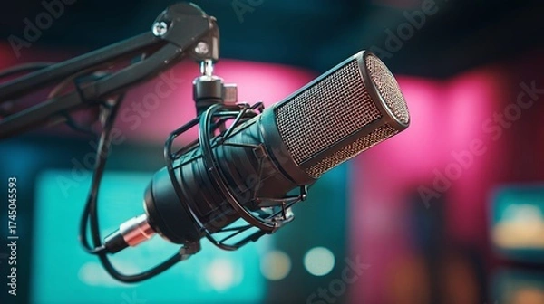 Fototapeta Professional microphone set up for recording or broadcasting. Dark microphone on a stand with a pink and blue background. Modern audio equipment.