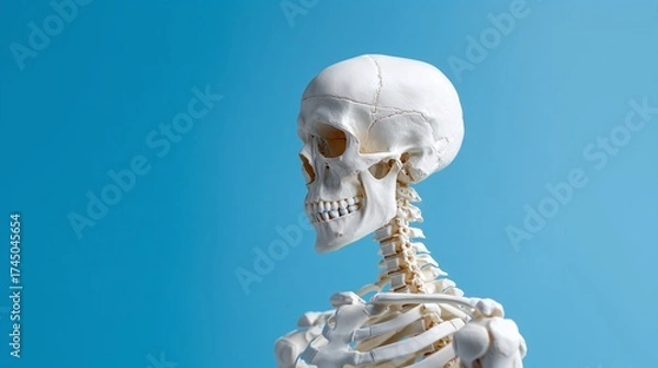Fototapeta Anatomical Model on Cyan Backdrop: A detailed view of a human skeleton demonstrating skeletal structure, for educational, scientific, or decorative purposes.