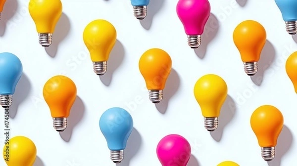 Fototapeta Colorful lightbulb pattern evokes creativity and innovation. Bright hues stand out against a white backdrop, symbolizing diverse ideas and inspiration.