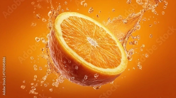 Fototapeta A vibrant close-up of a sliced orange, complete with refreshing juice droplets on a radiant orange background. A juicy delight!
