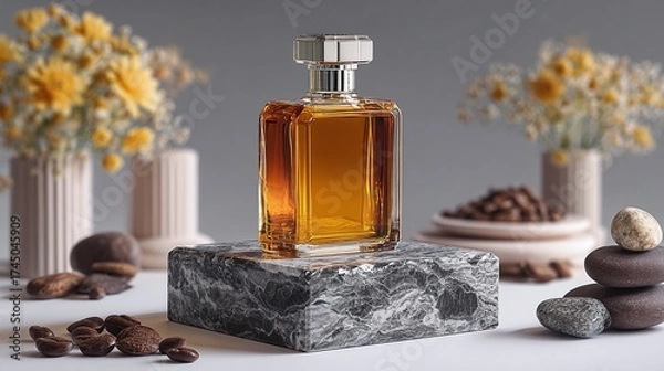 Fototapeta Elegant fragrance bottle on marble base with natural elements, creating a sensory experience of aroma and texture.