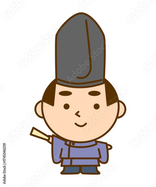 Fototapeta 右手の扇子で指さしをする平安時代の貴族の男性イラスト　かわいい和風キャラクター素材