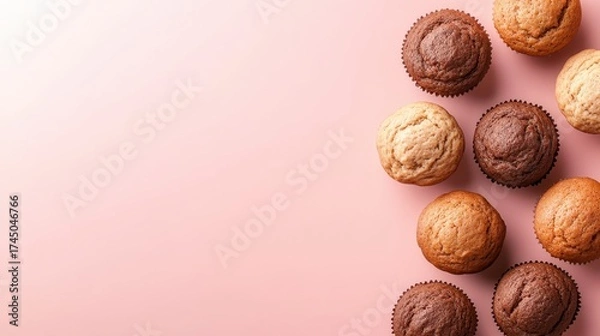 Fototapeta Assorted muffins are arranged on a pink surface. Gluten-free and low-carb desserts in paper liners of different colors and flavors are presented.