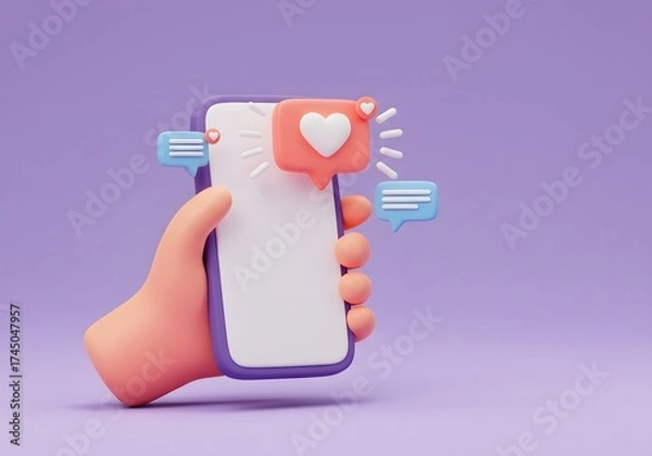 Fototapeta Mobile social networking and online relationship concept. Receiving love, likes, and direct messages. Stylized hand holding a smartphone with a heart icon and floating chat bubbles.