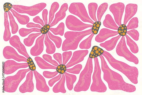 Obraz Abstract flower pattern. Retro organic floral vector background for groovy poster design. Vintage pink doodle plants.