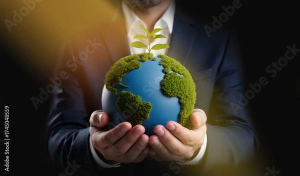 Obraz Nurturing the Earth with Sustainable Business Values,  Hands hold eco globe with growing plant in dark green concept