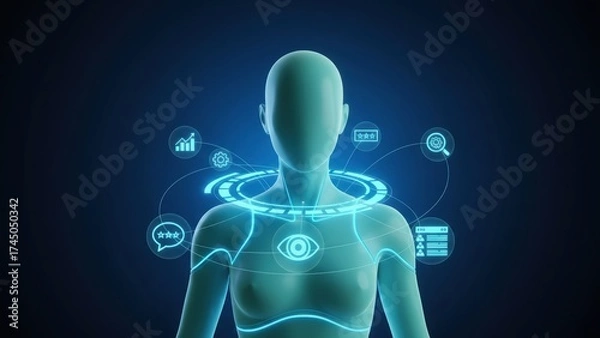 Fototapeta A abstract humanoid figure with glowing icons in digital ring showing smart system for technical support and customer service