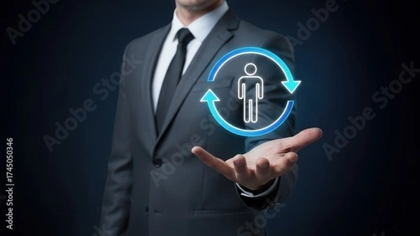 Fototapeta A businessman presenting glowing renewal icon symbolizing connection in technical support and customer service