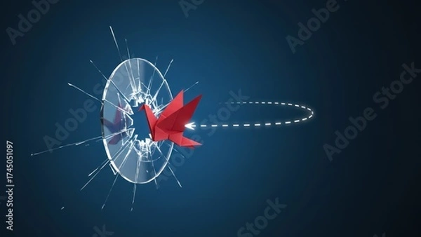 Fototapeta A red origami bird breaking glass barrier with glowing white path, symbolizing innovation, leadership, technical support and customer service