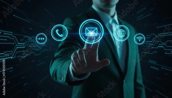 Fototapeta A businessman touching a holographic icons in arc, symbolizing connectivity, help center, technical support and customer service