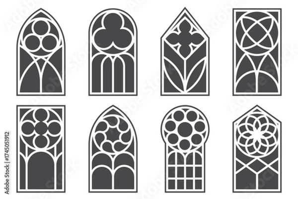 Obraz Gothic church window frames. Cathedral architecture elements. Medieval castle vintage stained glass arches. Catholic interior decoration on white background. Door shapes with pattern. Vector