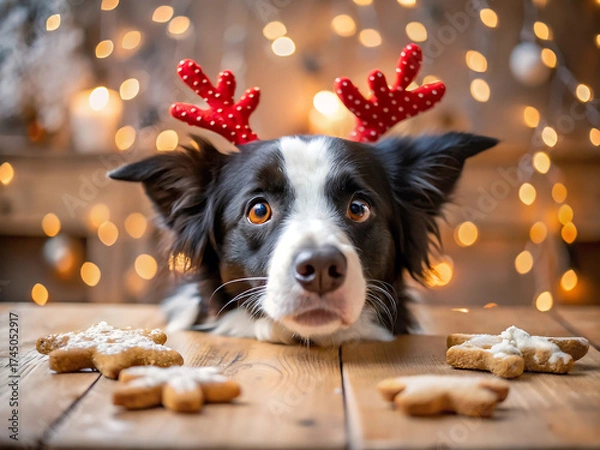 Fototapeta Cute border collie dog wearing reindeer antlers and looking at the camera with christmas lights and cookies in the background