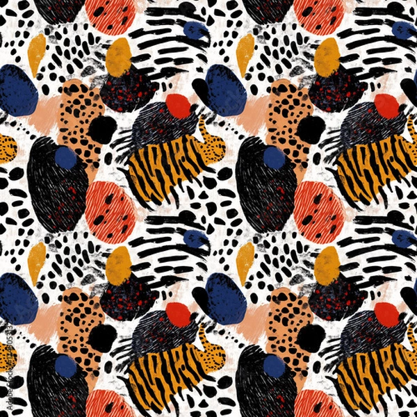 Fototapeta Abstract Pattern Design: The image is a colorful and vibrant abstract pattern, featuring a combination of shapes and textures. The design includes dots, stripes, and brushstrokes in a mix of colors