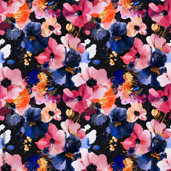 Fototapeta Floral Symphony: An exquisite floral composition in vibrant hues blooms against a backdrop of serene darkness, showcasing the intricate beauty of nature's artwork.