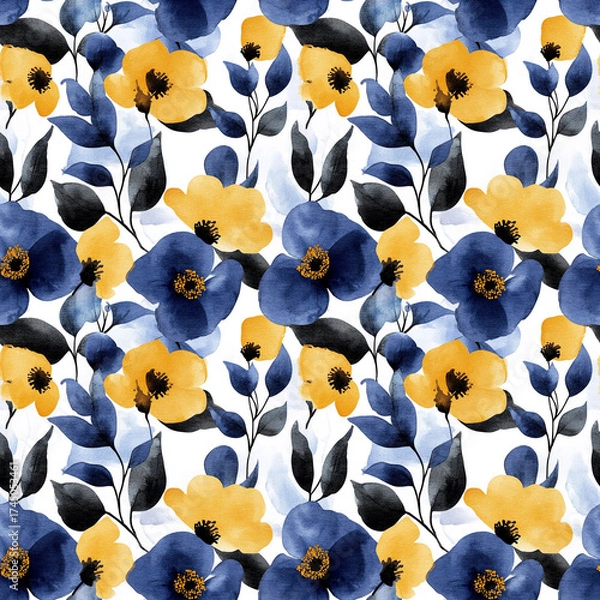 Fototapeta Floral Watercolor Pattern: An exquisite floral design showcases vibrant yellow and blue blooms with contrasting leaves, an elegant pattern that evokes sophistication and a touch of nature.