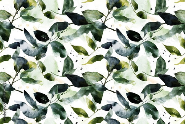 Fototapeta Ethereal Foliage Pattern: A serene watercolor design showcases delicate green leaves and branches, creating a soothing and natural texture for various creative applications.