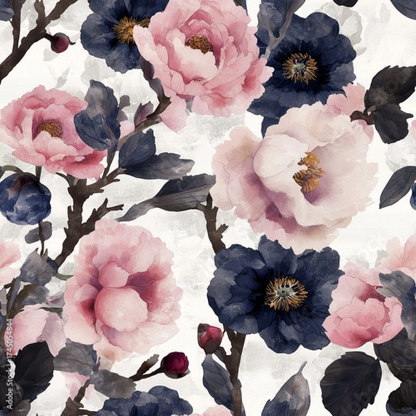 Fototapeta Floral Serenity: An exquisite floral pattern in soft hues of pink and navy, presenting a timeless design of delicate beauty and natural elegance.