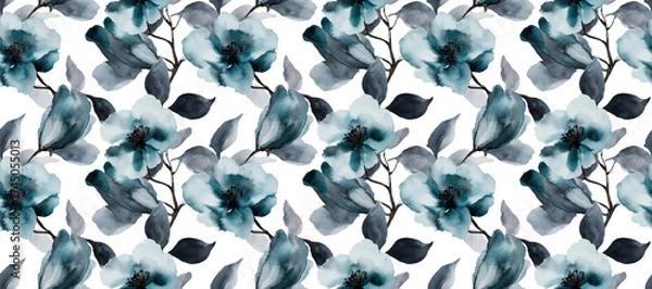 Fototapeta Watercolor Floral Pattern: An elegant watercolor painting of intricate teal flowers, arranged in a seamless repeating pattern, evokes a sense of calm and sophistication.