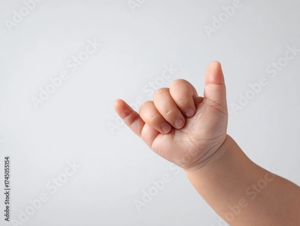 Obraz Child's hand making shaka gesture indoor setting close-up image neutral background playful concept for family and friendship