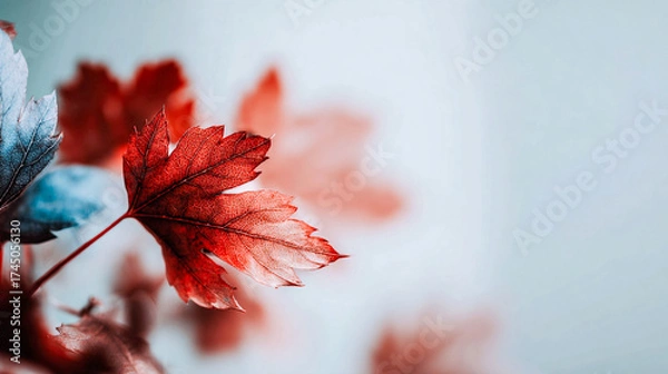 Fototapeta Macro photo of a dry autumn maple leaf with unique blue and red tones on a light blue background. Contrast, detailed texture, vibrant colors perfect for abstract nature, seasonal and design concepts.