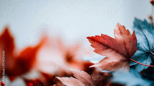 Fototapeta Macro photo of a dry autumn maple leaf with unique blue and red tones on a light blue background. Contrast, detailed texture, vibrant colors perfect for abstract nature, seasonal and design concepts.