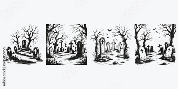Fototapeta graveyard creepy sketch illustration vector set
