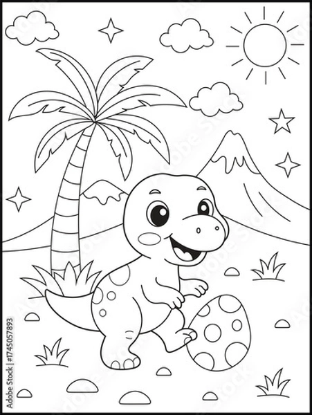 Fototapeta Adorable Baby Dinosaur Coloring Page for Kids with Volcano, Palm Tree, and Dinosaur Egg. Fun Prehistoric Cartoon Line Art for Children to Color and Learn