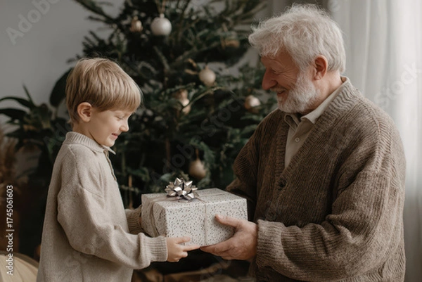 Fototapeta Grandfather giving a gift to his grandson near the Christmas tree. Cozy and joyful holiday moment, warm festive atmosphere.